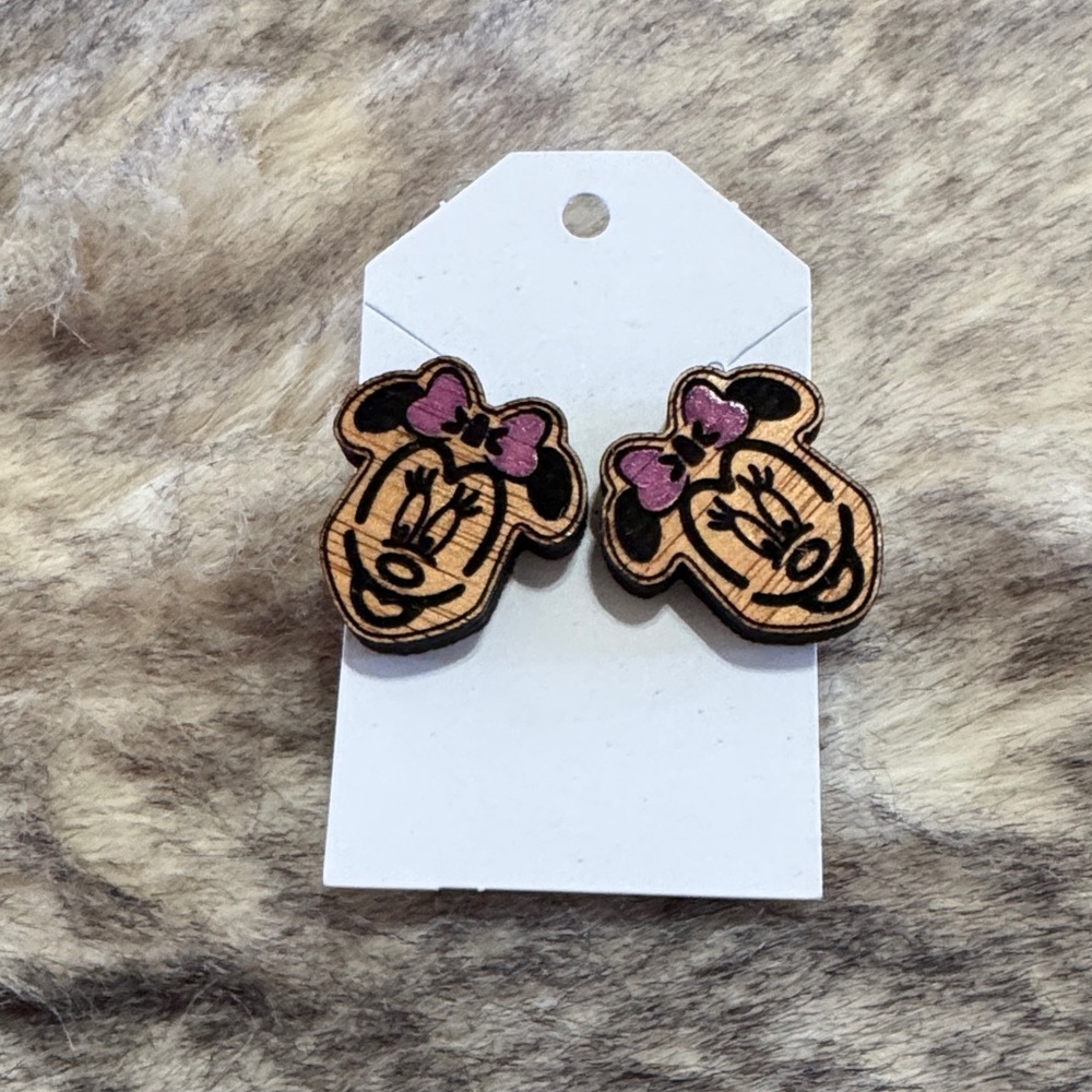 Handmade Minnie Mouse Wood Stud Earrings with Pink Bows